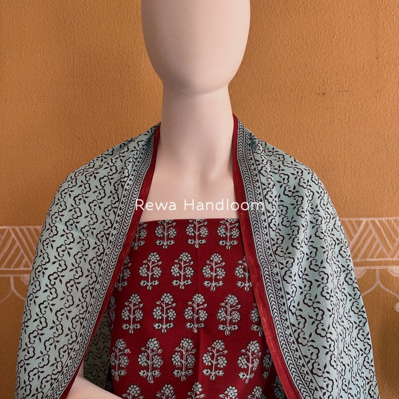 Red-Sky Blue Bagh Print Cotton Suit BGCSJ065
