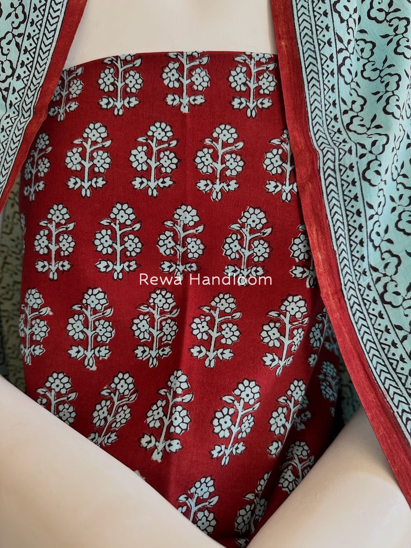 Red-Sky Blue Bagh Print Cotton Suit BGCSJ065