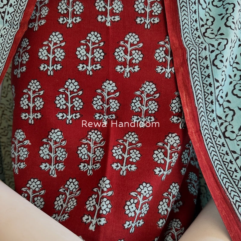 Red-Sky Blue Bagh Print Cotton Suit BGCSJ065