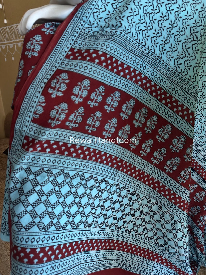Red-Sky Blue Bagh Print Cotton Suit BGCSJ065
