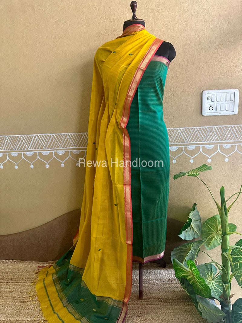 Maheshwari Green-Mustard Yellow Motifs Top-Dupatta Set PST028