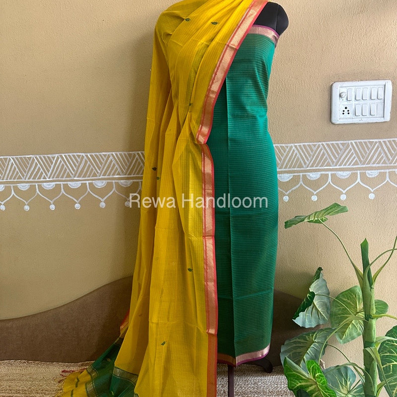 Maheshwari Green-Mustard Yellow Motifs Top-Dupatta Set PST028