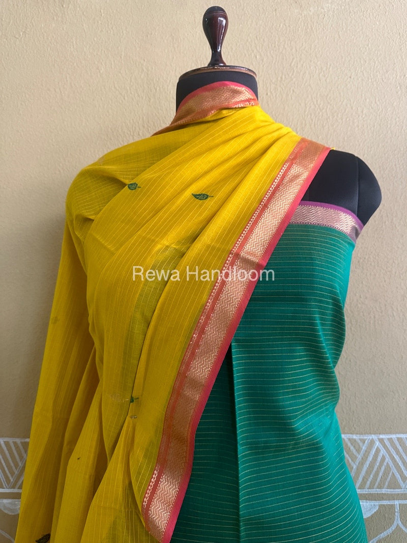 Maheshwari Green-Mustard Yellow Motifs Top-Dupatta Set PST028