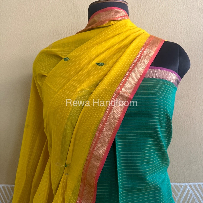 Maheshwari Green-Mustard Yellow Motifs Top-Dupatta Set PST028