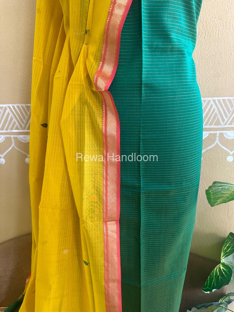 Maheshwari Green-Mustard Yellow Motifs Top-Dupatta Set PST028