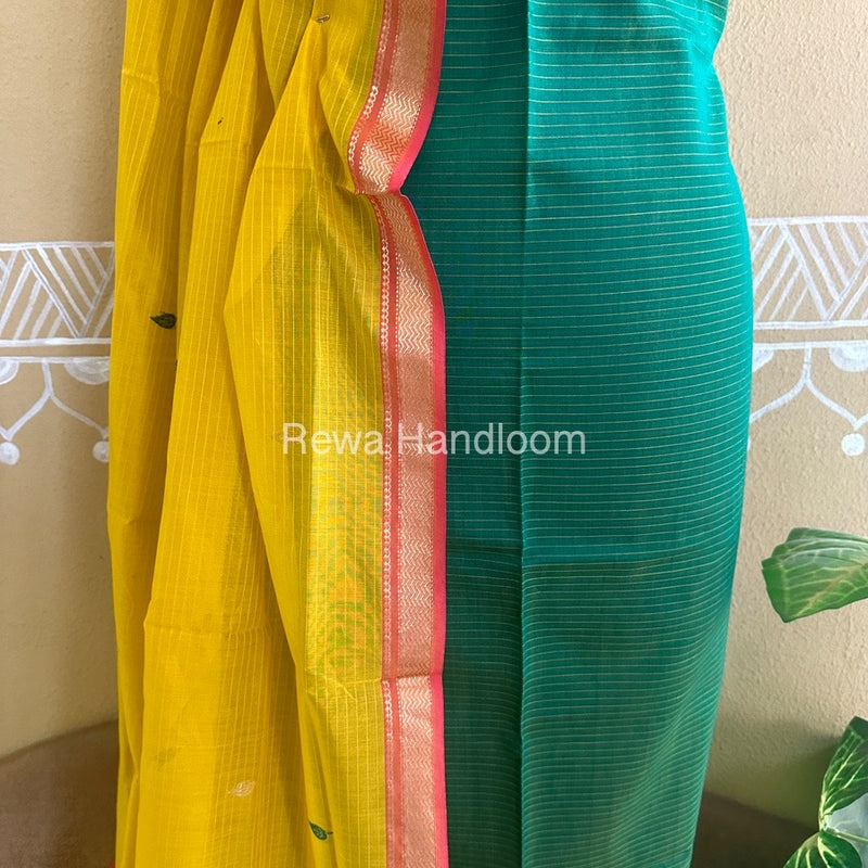 Maheshwari Green-Mustard Yellow Motifs Top-Dupatta Set PST028