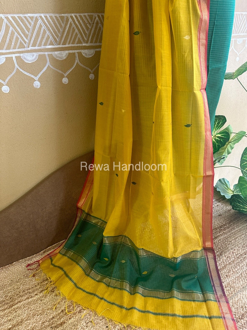 Maheshwari Green-Mustard Yellow Motifs Top-Dupatta Set PST028