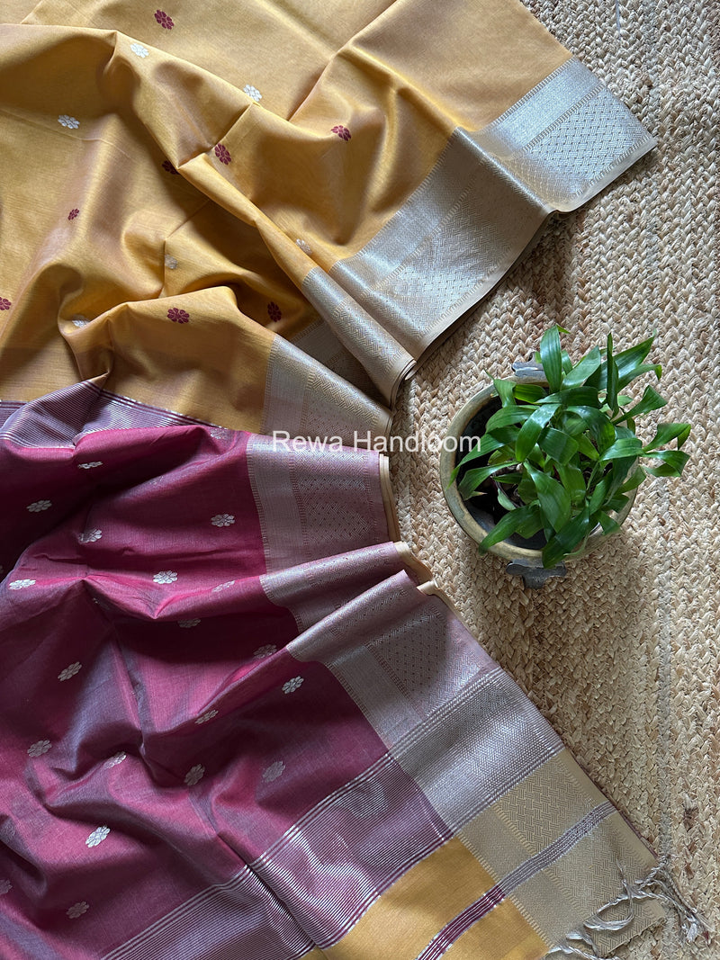 Maheshwari Turmeric Yellow Silver Butti Saree SGSB031