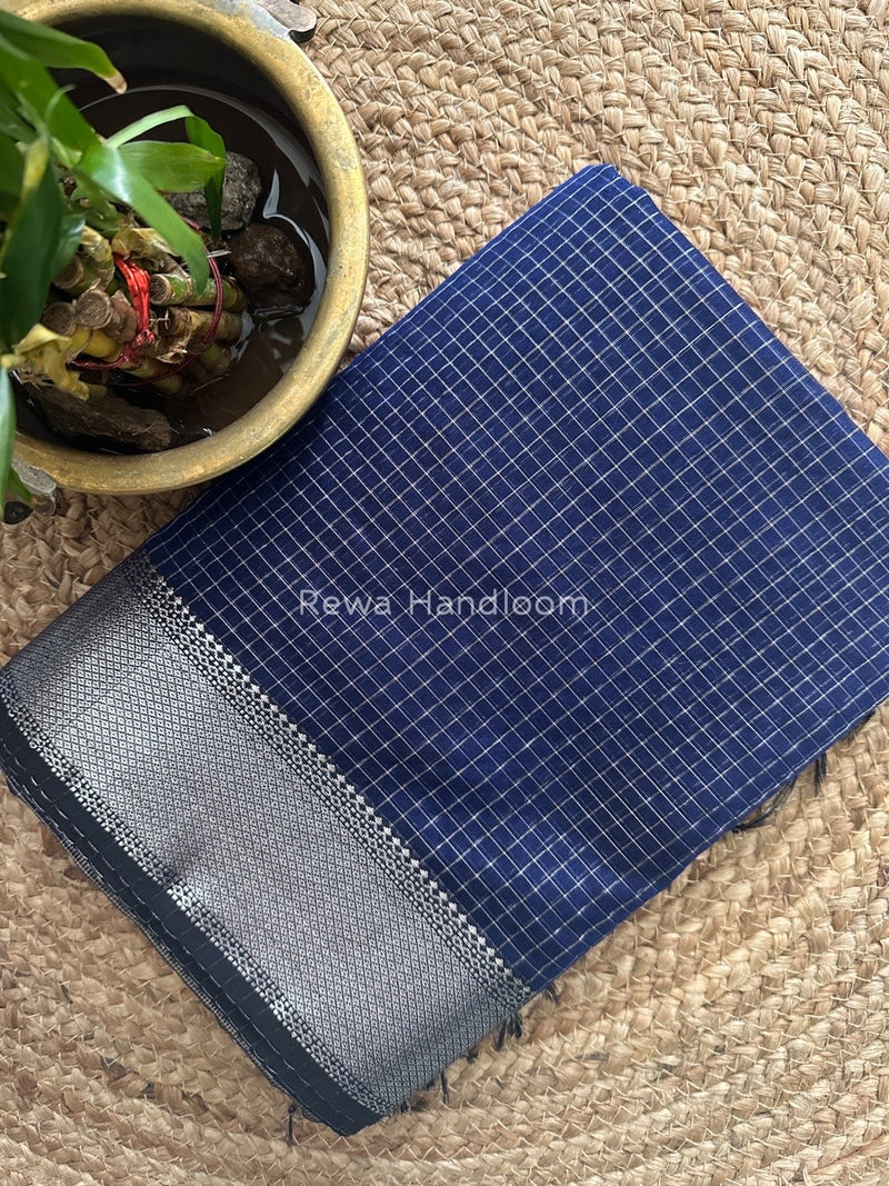 Maheshwari Blue Silver Zari Checks Silk Saree SZ059