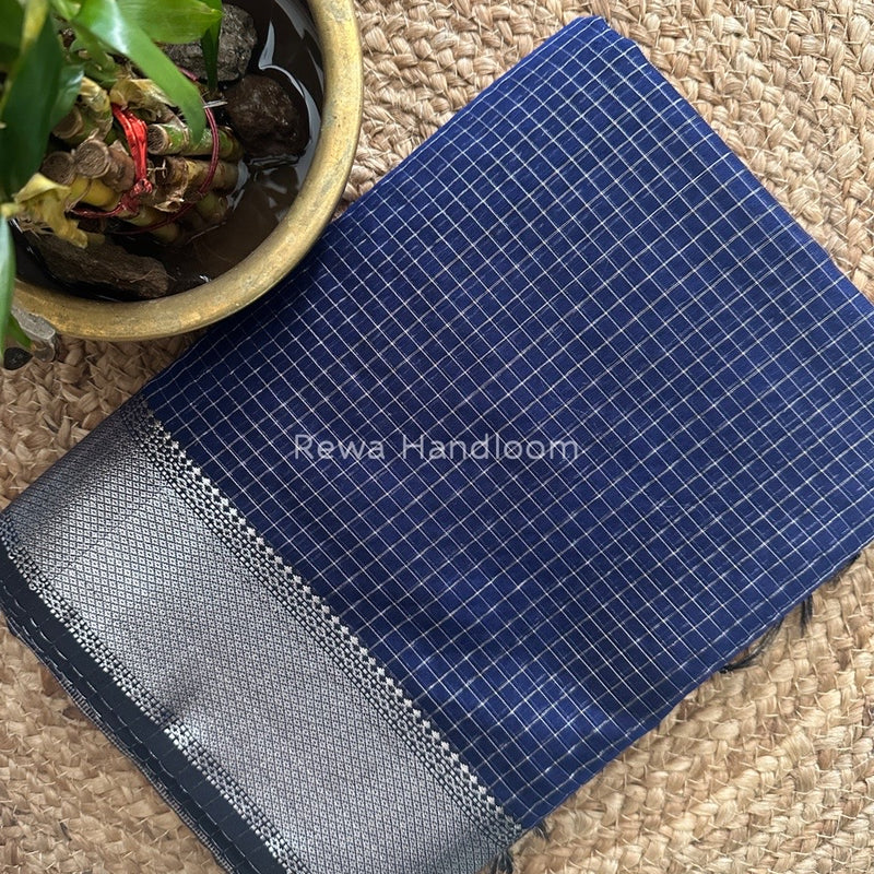 Maheshwari Blue Silver Zari Checks Silk Saree SZ059