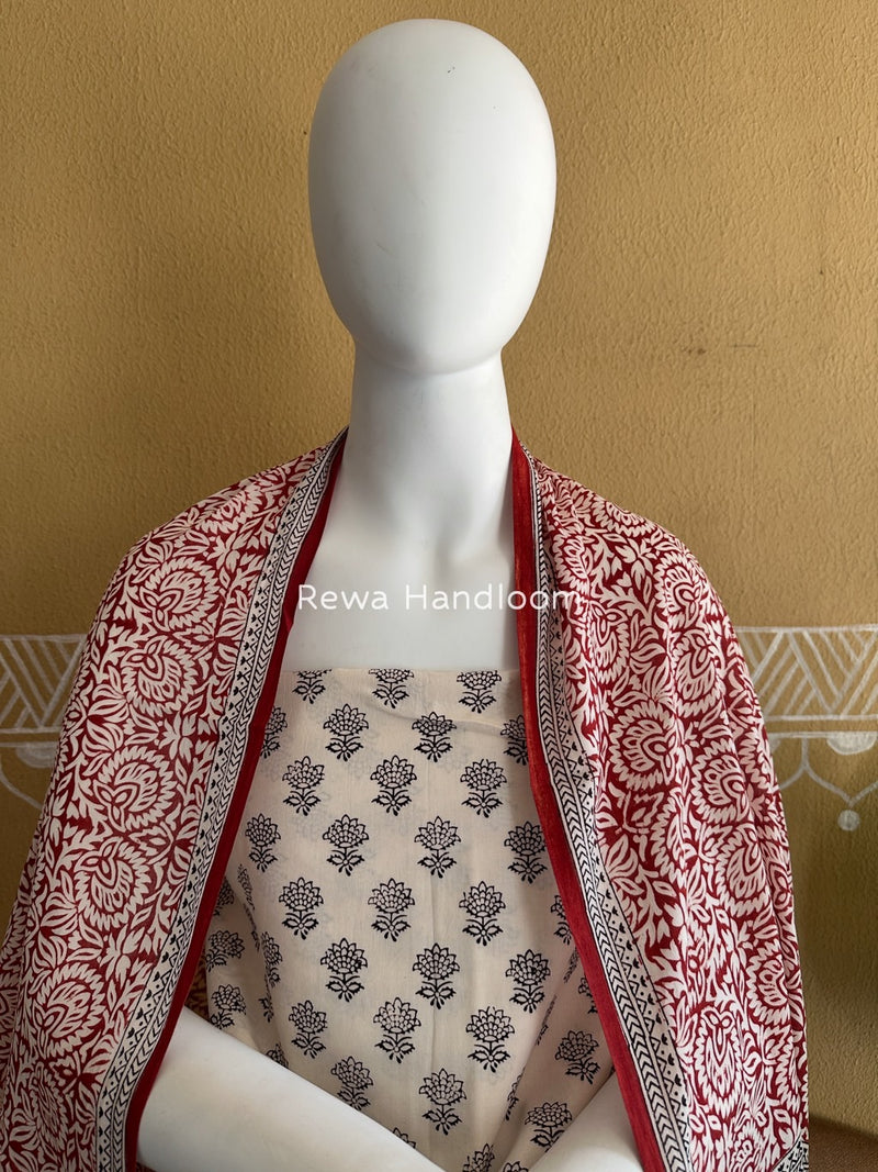 White-Maroon Bagh Print Cotton Suit BGCSJ045