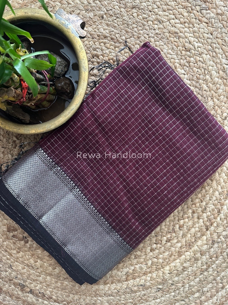 Maheshwari Wine Silver Zari Checks Silk Saree SZ058