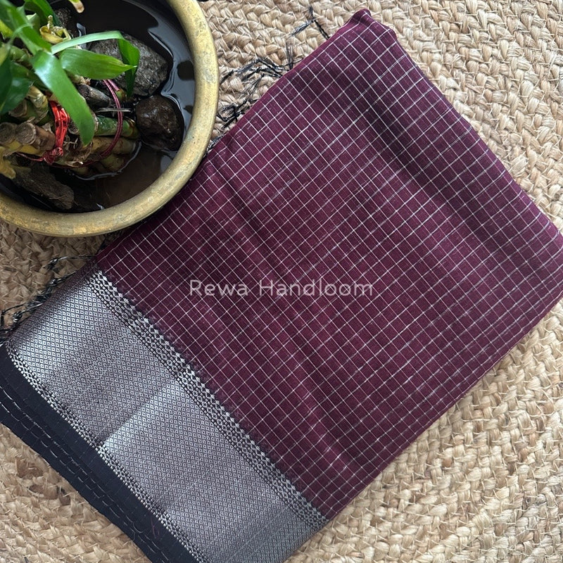 Maheshwari Wine Silver Zari Checks Silk Saree SZ058