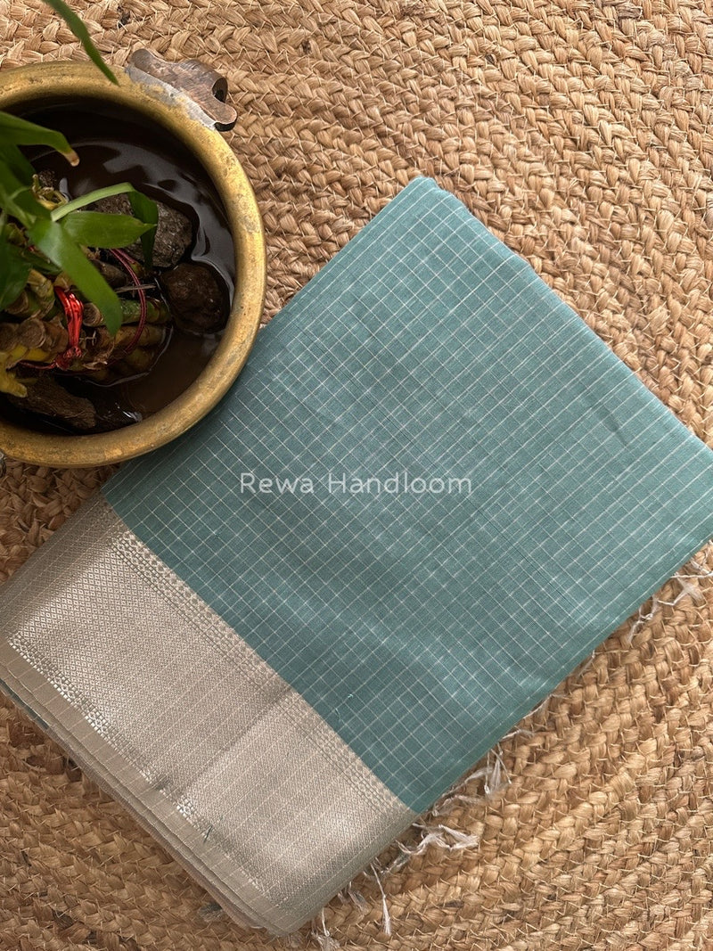 Maheshwari Mint Green Silver Zari Checks Silk Saree SZ056