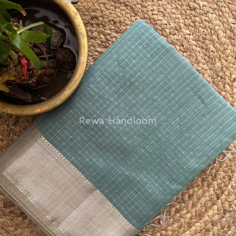 Maheshwari Mint Green Silver Zari Checks Silk Saree SZ056