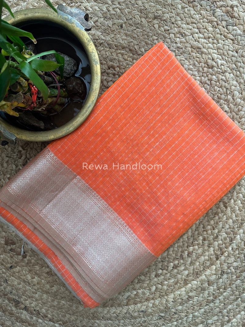 Maheshwari Orange Silver Zari Checks Silk Saree SZ052