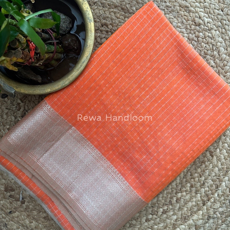 Maheshwari Orange Silver Zari Checks Silk Saree SZ052