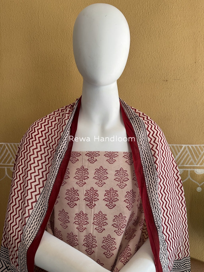 White-Maroon Bagh Print Cotton Suit BGCSJ043