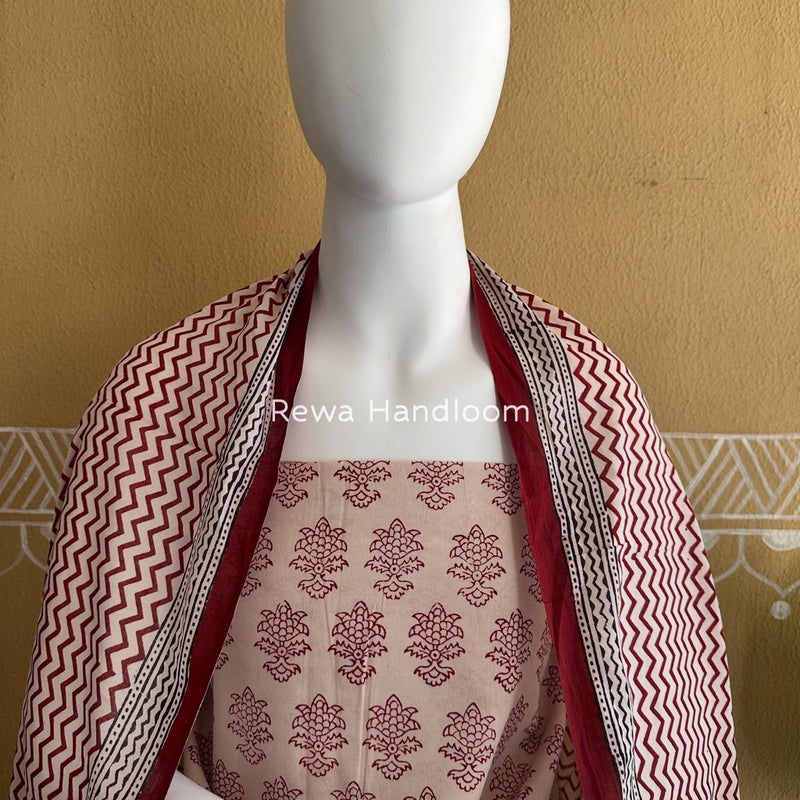 White-Maroon Bagh Print Cotton Suit BGCSJ043