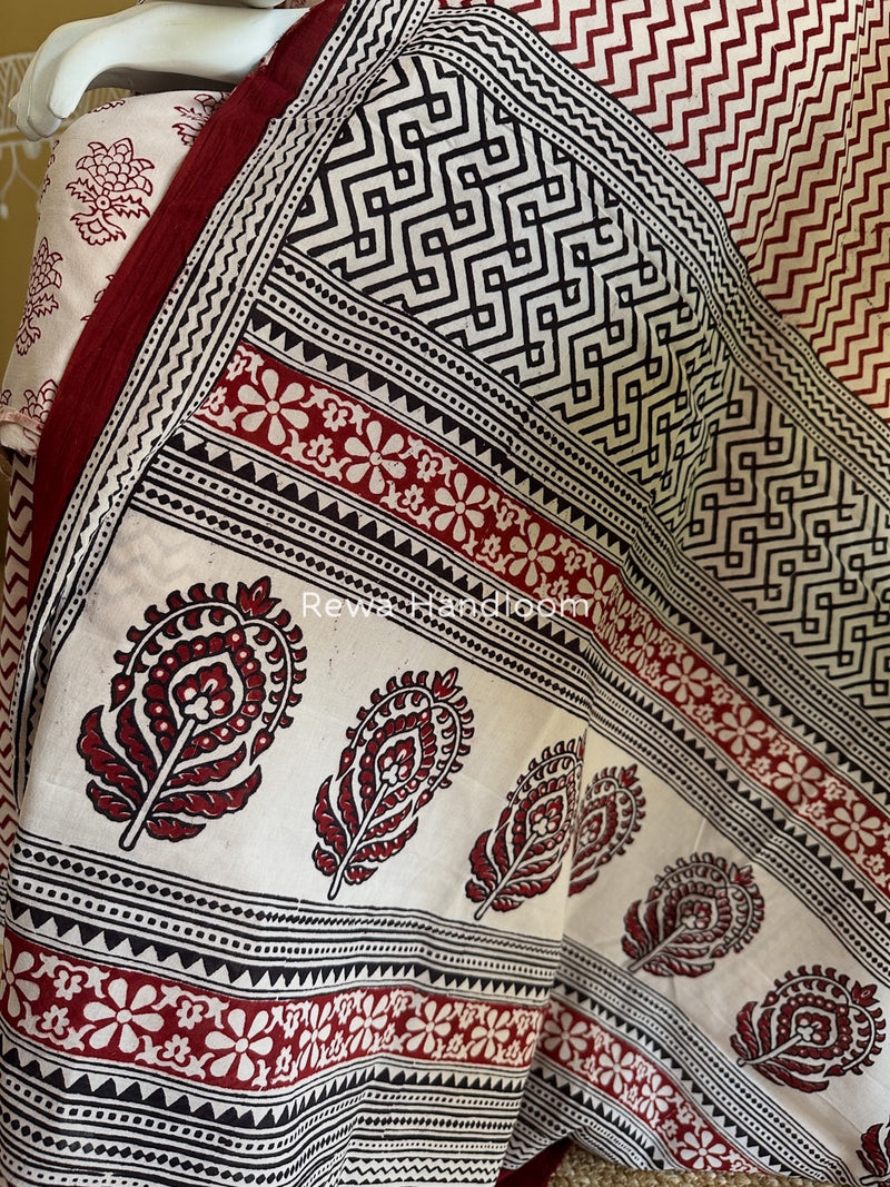 White-Maroon Bagh Print Cotton Suit BGCSJ043