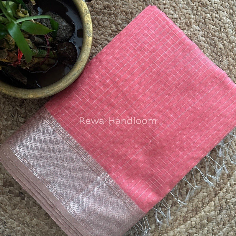 Maheshwari Fuchsia Pink Silver Zari Checks Silk Saree SZ051