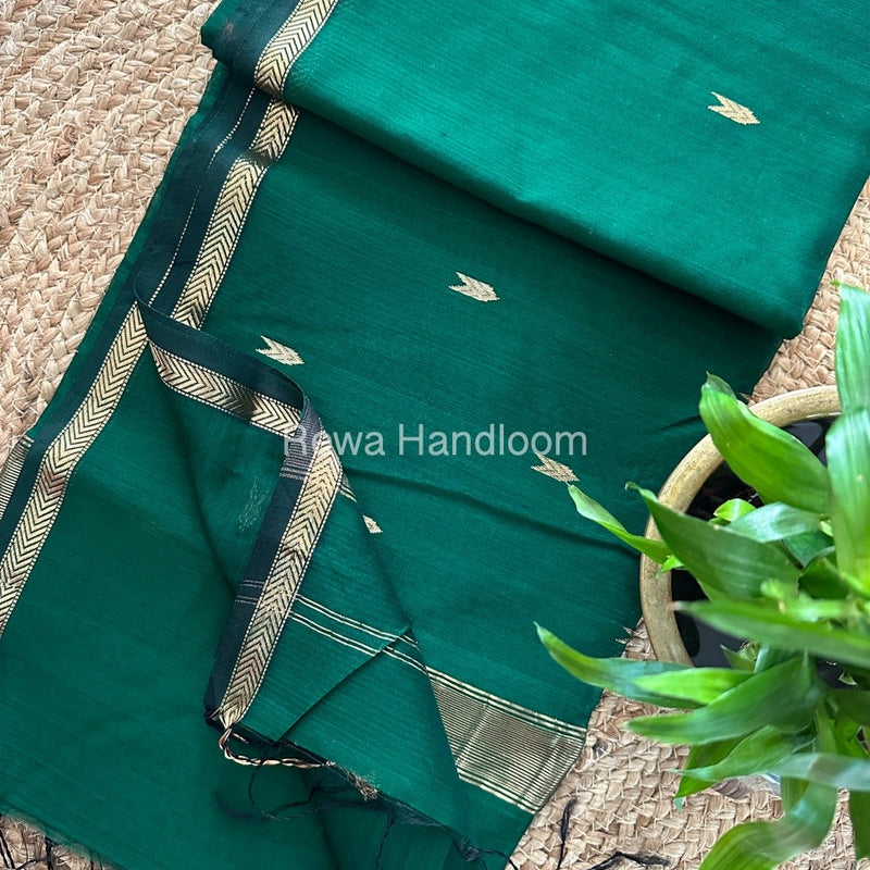 Bottle Green Zari Butti Maheshwari Saree VBS045
