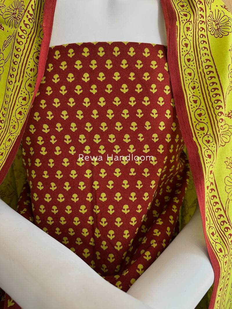 Red-Parrot Green Bagh Print Cotton Suit BGCSJ033