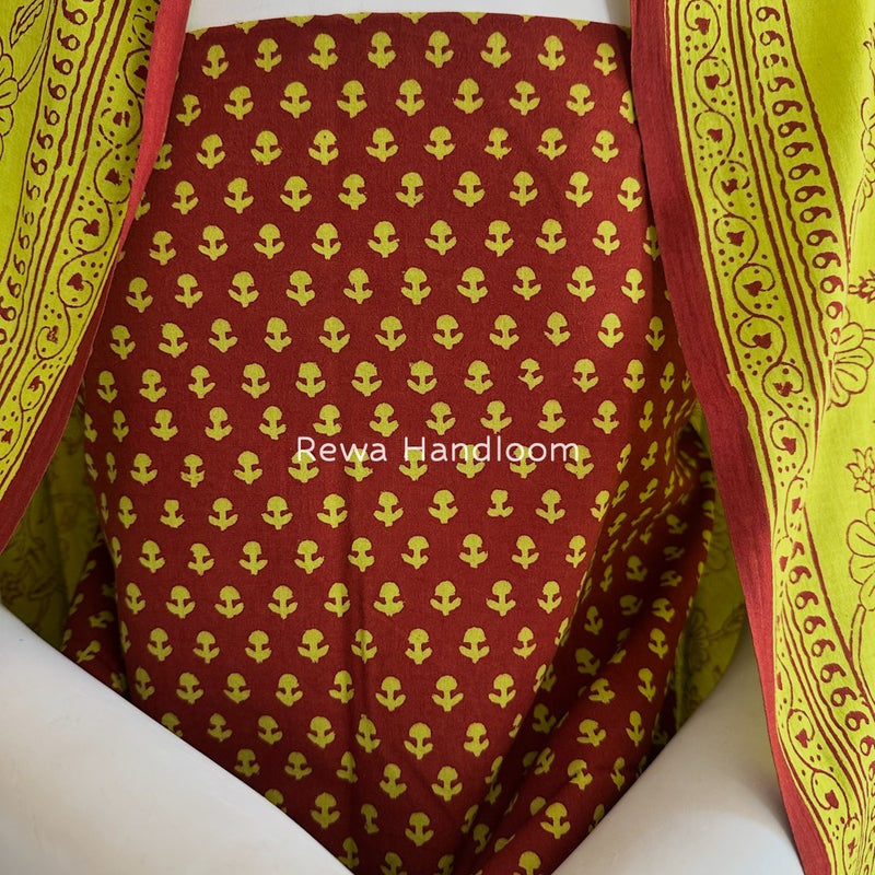 Red-Parrot Green Bagh Print Cotton Suit BGCSJ033