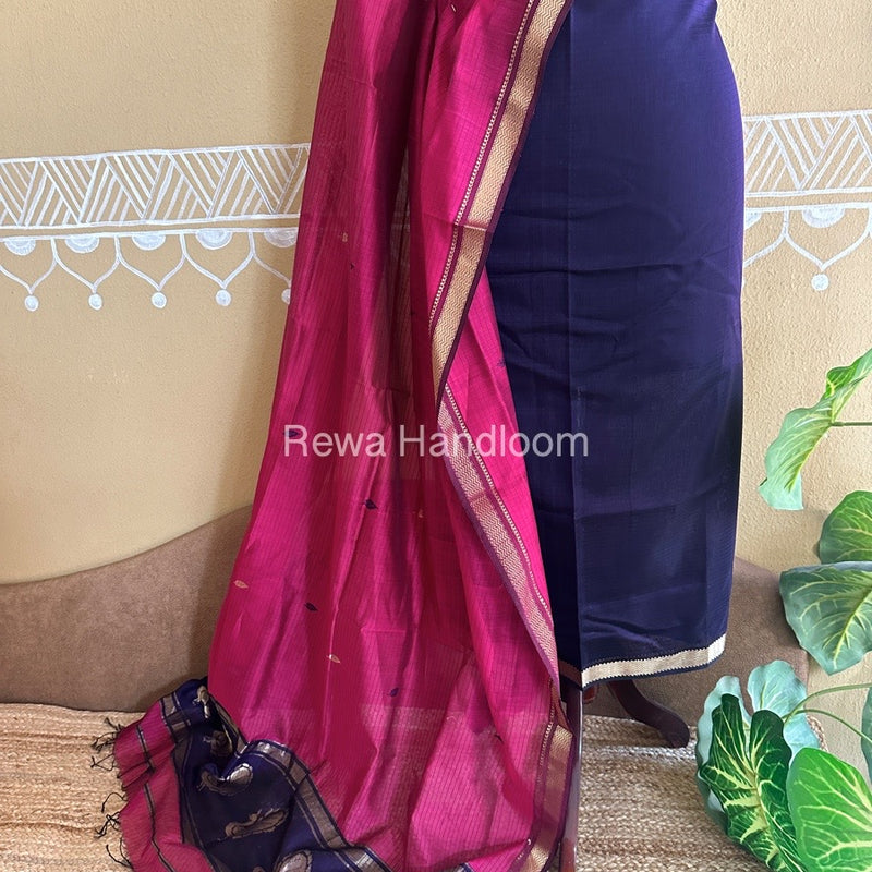 Maheshwari Purple-Rani Pink Peacock Buta-Buti Top-Dupatta Set BTP0215