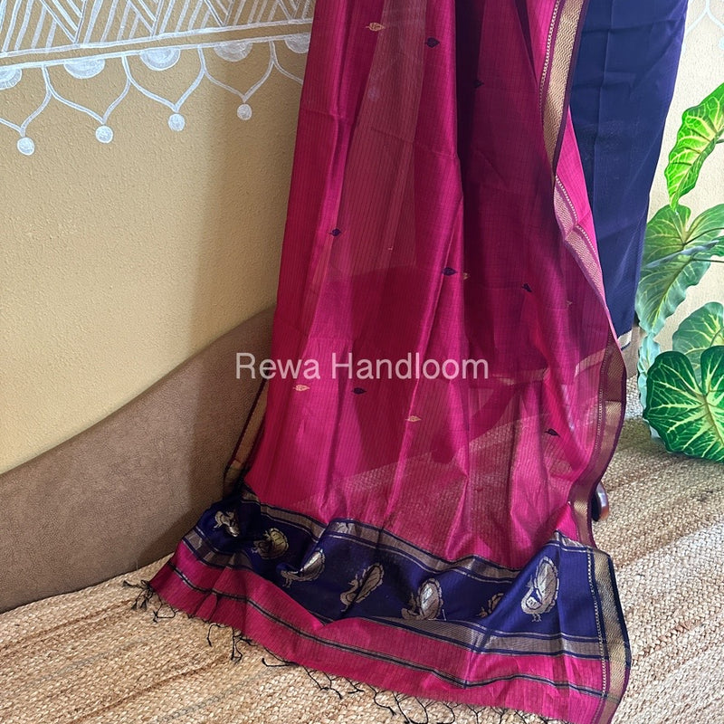 Maheshwari Purple-Rani Pink Peacock Buta-Buti Top-Dupatta Set BTP0215