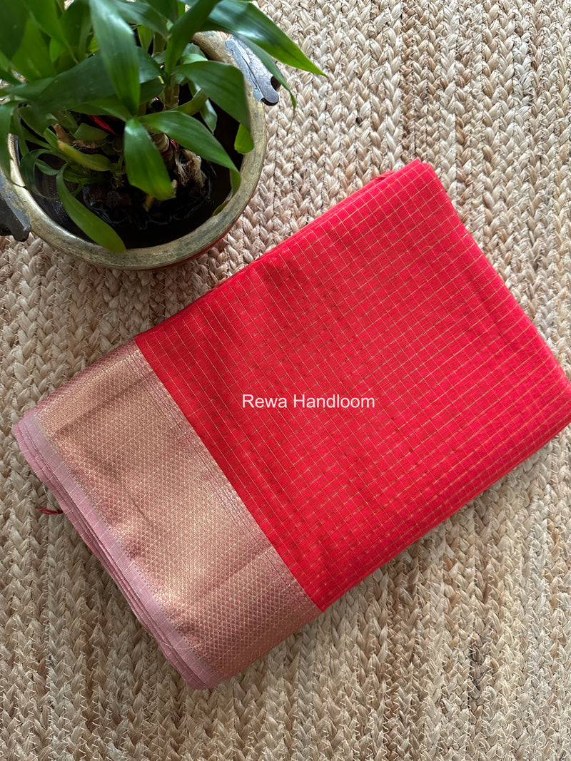 Maheshwari Carrot Red Zari Checks Saree ZCHX489 by Rewa Handloom
