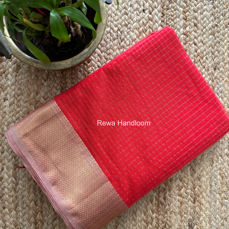 Maheshwari Carrot Red Zari Checks Saree ZCHX489 by Rewa Handloom