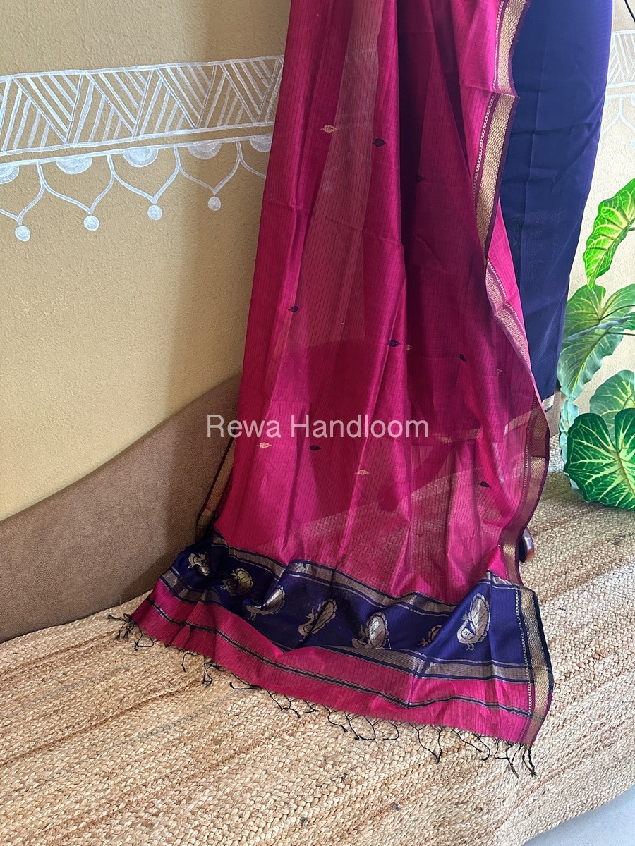 Maheshwari Purple-Rani Pink Peacock Buta-Buti Top-Dupatta Set BTP0215