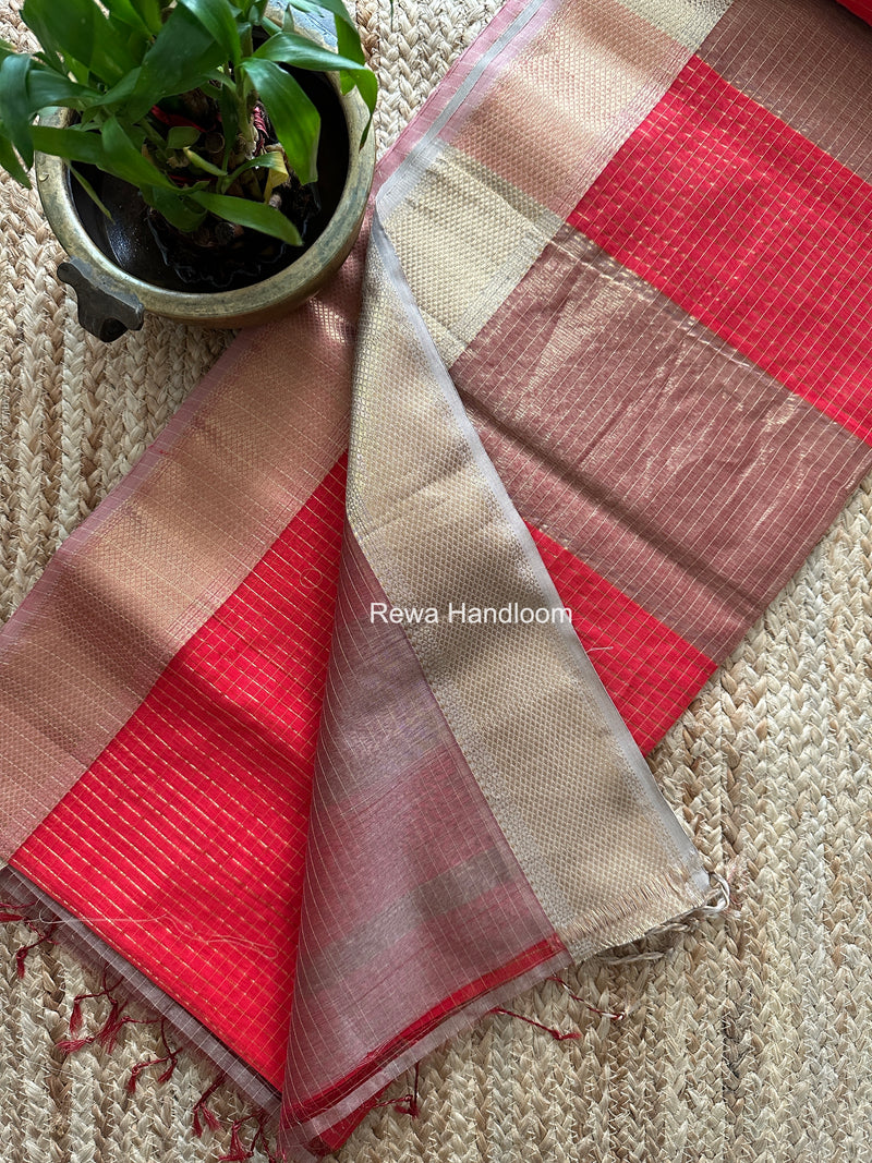 Maheshwari Carrot Red Zari Checks Saree ZCHX489 by Rewa Handloom
