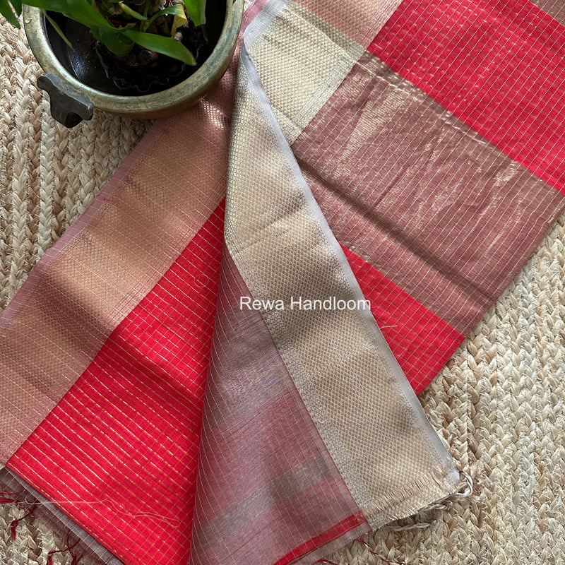 Maheshwari Carrot Red Zari Checks Saree ZCHX489 by Rewa Handloom
