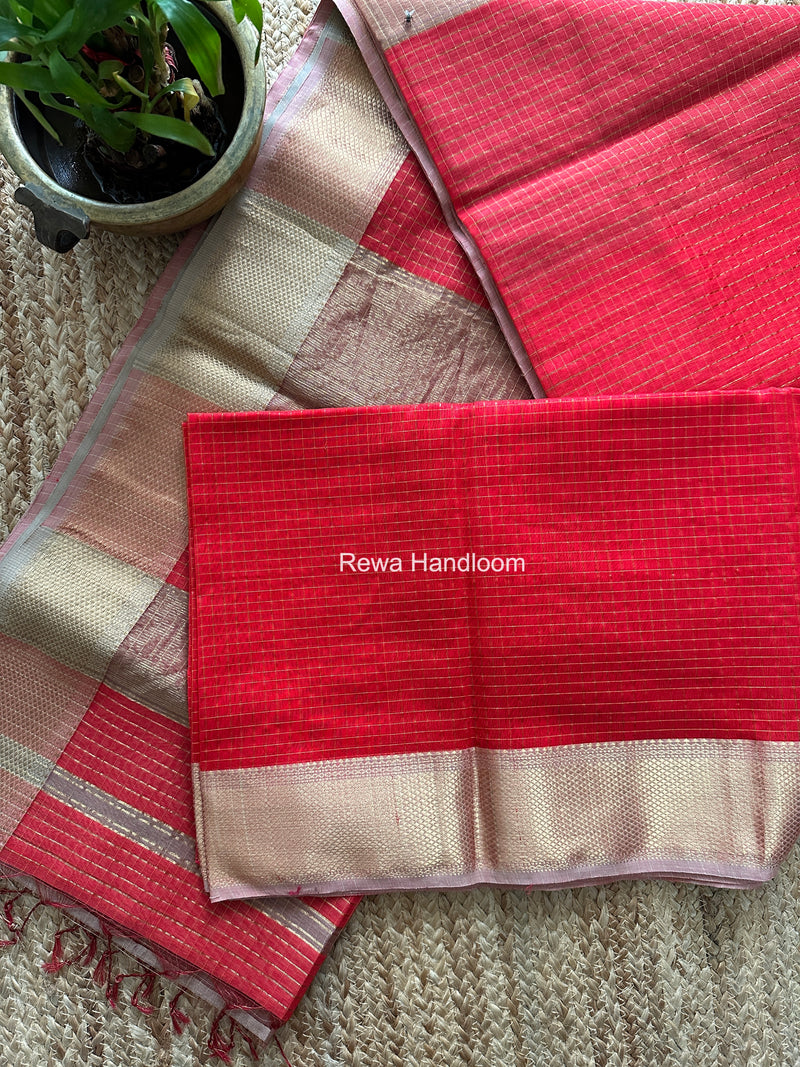 Maheshwari Carrot Red Zari Checks Saree ZCHX489 by Rewa Handloom