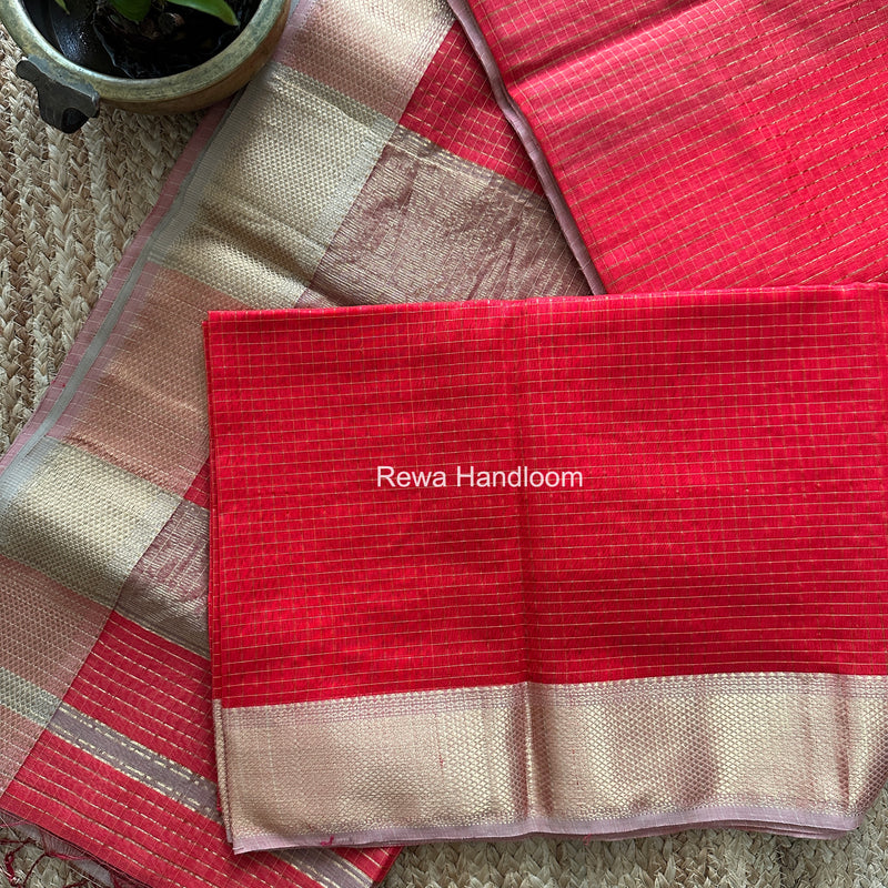Maheshwari Carrot Red Zari Checks Saree ZCHX489 by Rewa Handloom