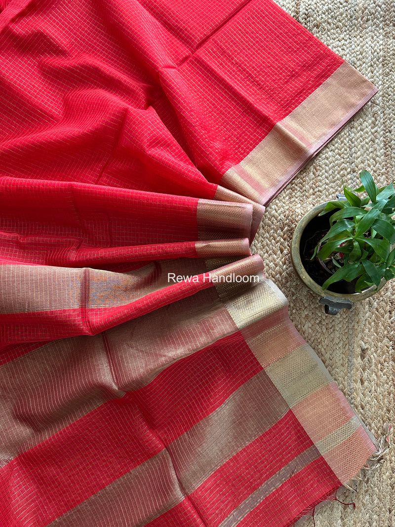 Maheshwari Carrot Red Zari Checks Saree ZCHX489