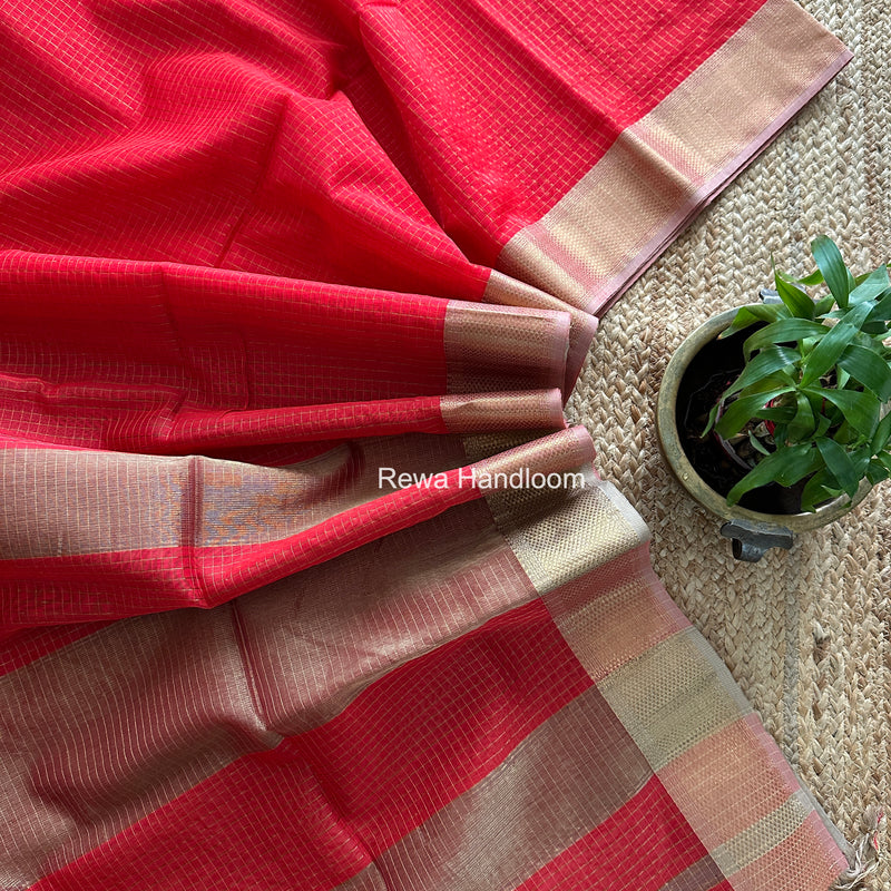Maheshwari Carrot Red Zari Checks Saree ZCHX489