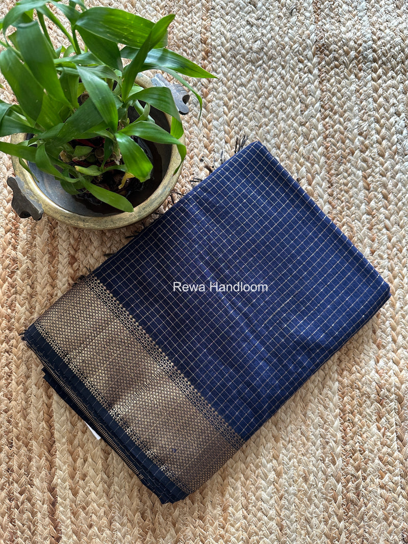 Maheshwari Dark Navy Blue Zari Checks Saree ZCHX487