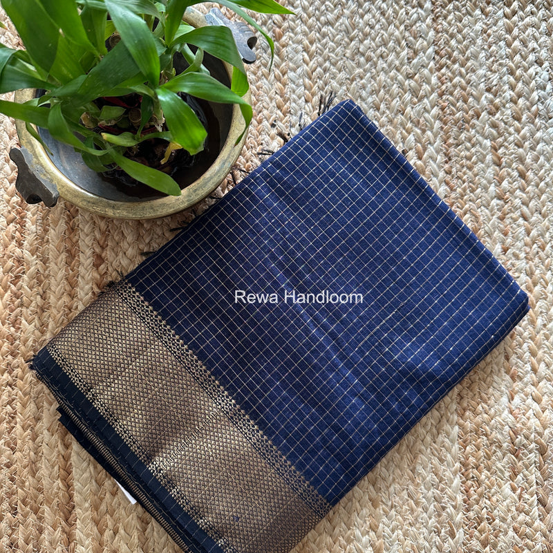 Maheshwari Dark Navy Blue Zari Checks Saree ZCHX487