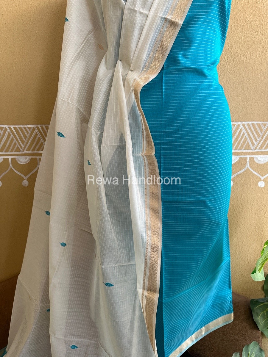 Maheshwari Firozi Blue-White Peacock Buta-Buti Top-Dupatta Set BTP0268