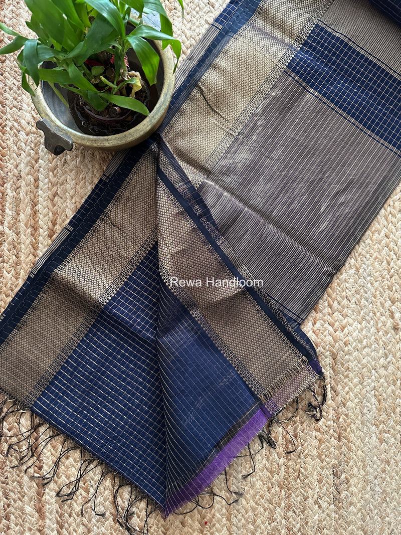 Maheshwari Dark Navy Blue Zari Checks Saree ZCHX487