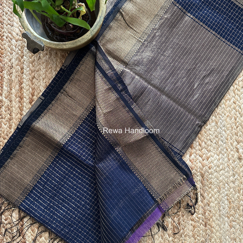 Maheshwari Dark Navy Blue Zari Checks Saree ZCHX487