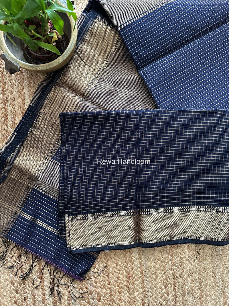 Maheshwari Dark Navy Blue Zari Checks Saree ZCHX487