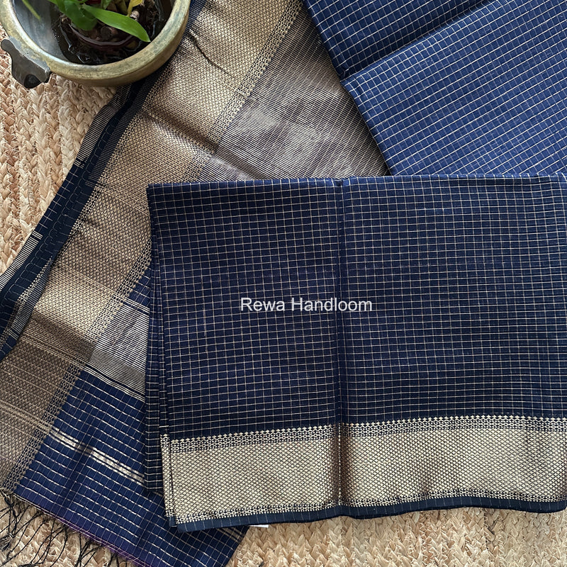 Maheshwari Dark Navy Blue Zari Checks Saree ZCHX487