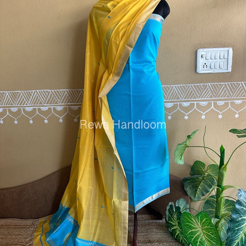 Maheshwari Firozi-Yellow Peacock Buta-Buti Top-Dupatta Set BTP019