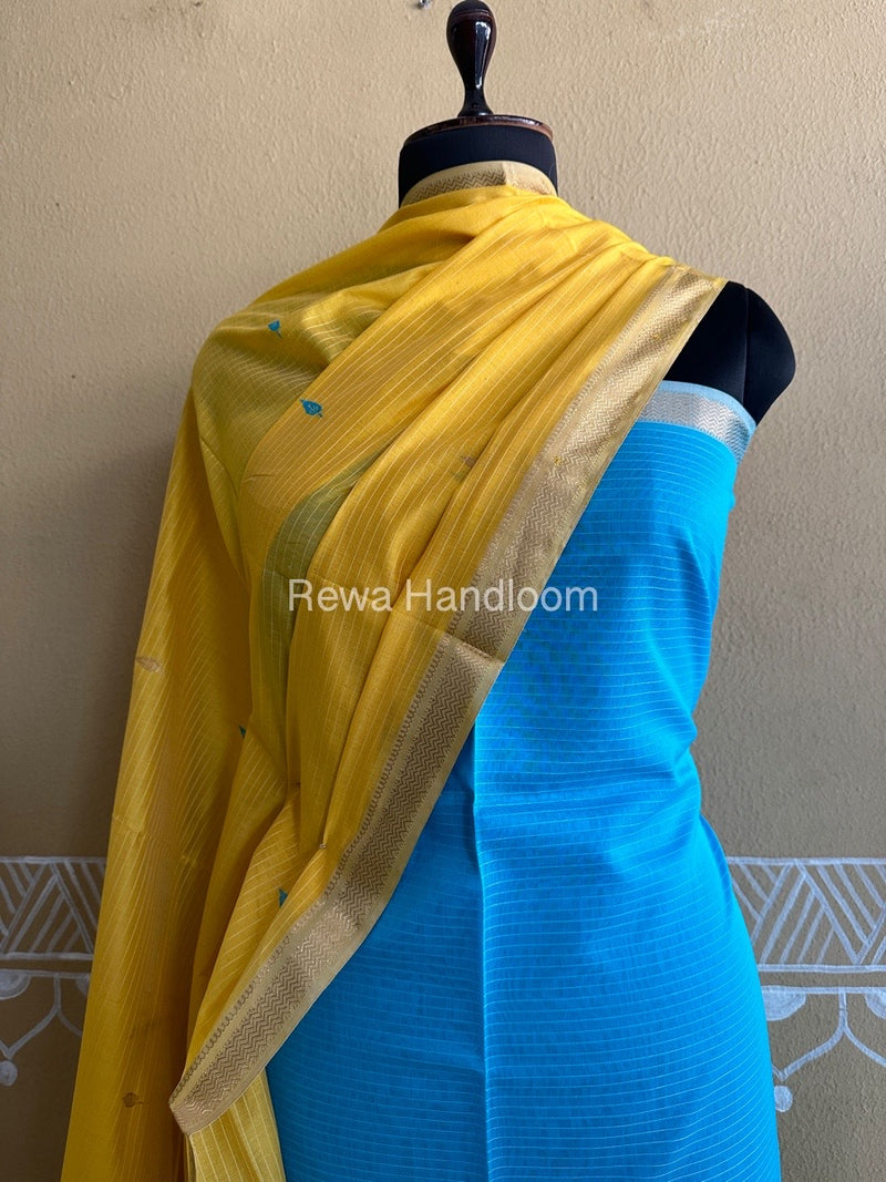 Maheshwari Firozi-Yellow Peacock Buta-Buti Top-Dupatta Set BTP019