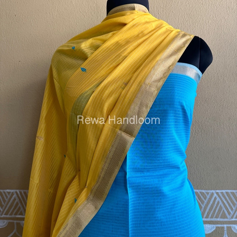 Maheshwari Firozi-Yellow Peacock Buta-Buti Top-Dupatta Set BTP019
