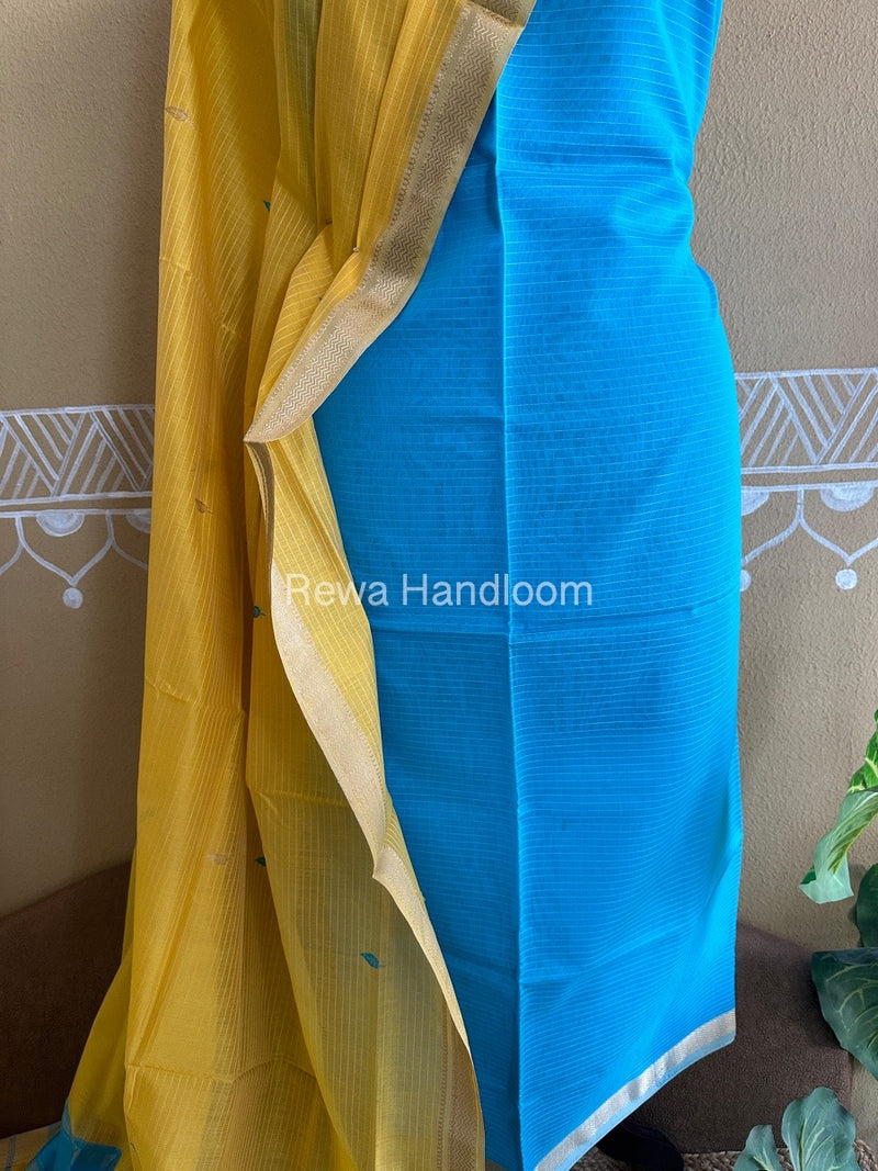 Maheshwari Firozi-Yellow Peacock Buta-Buti Top-Dupatta Set BTP019